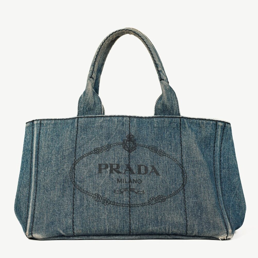 Prada Canapa Avio Denim Logo Tote Bag
